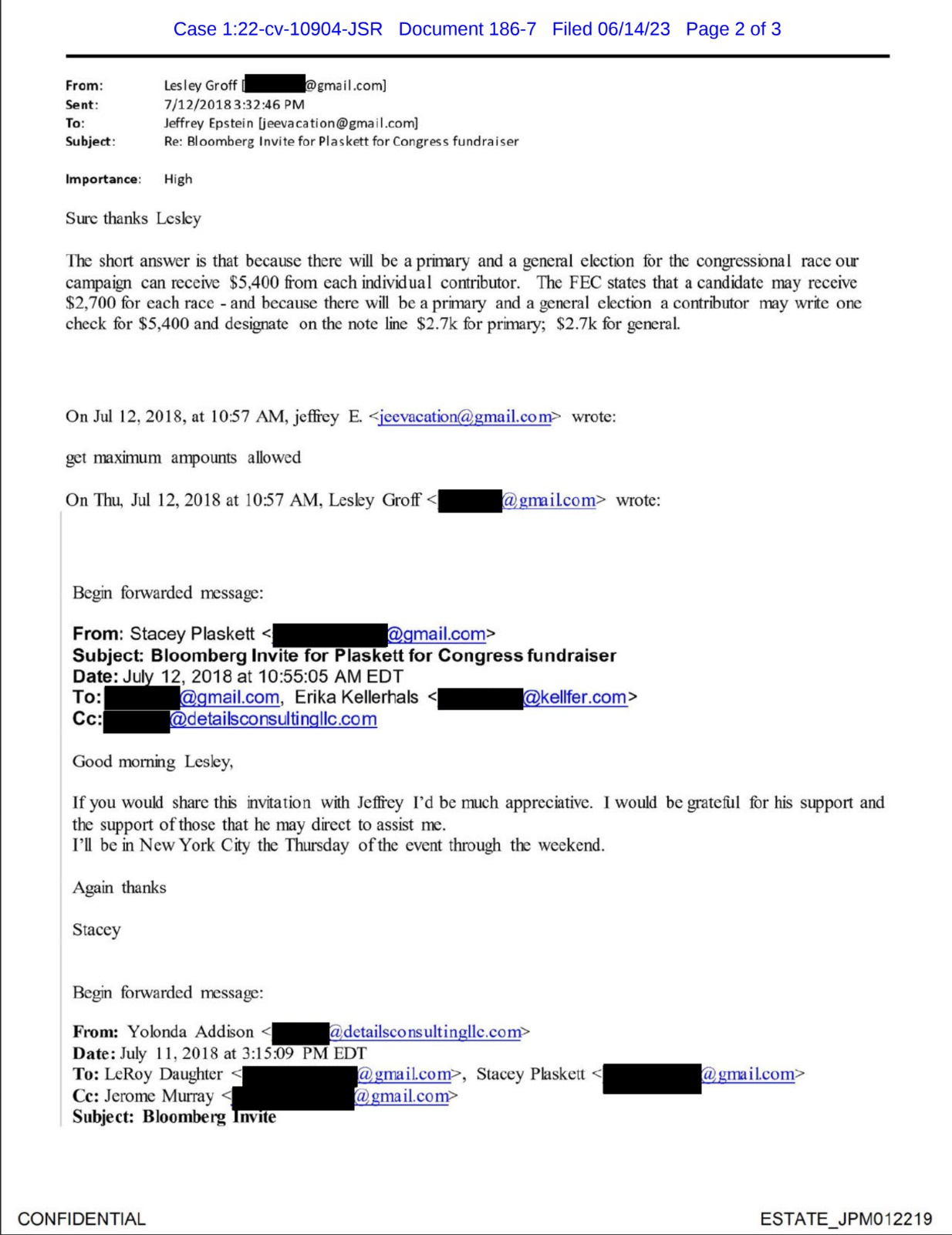 Plaskett Epstein email