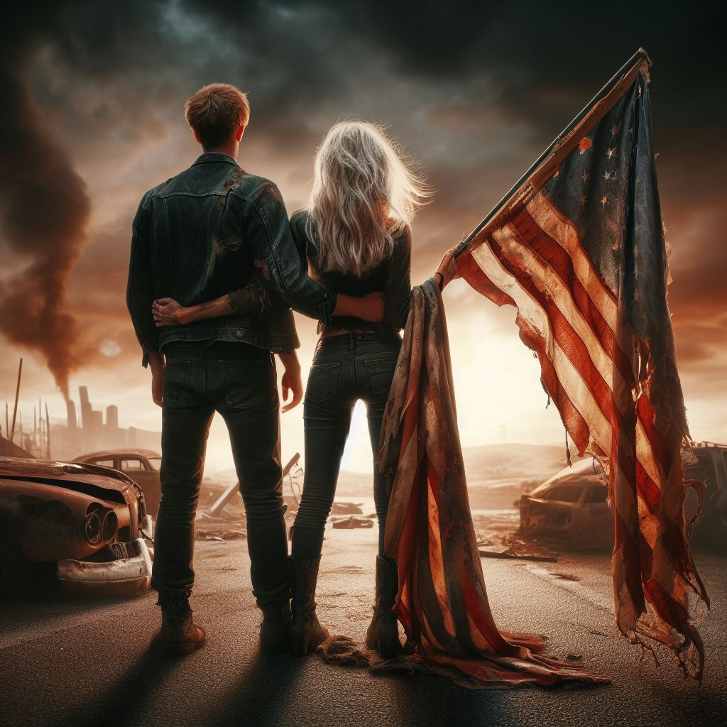 A man and a woman holding a tattered American flag look out on a post-apocalyptic landscape.