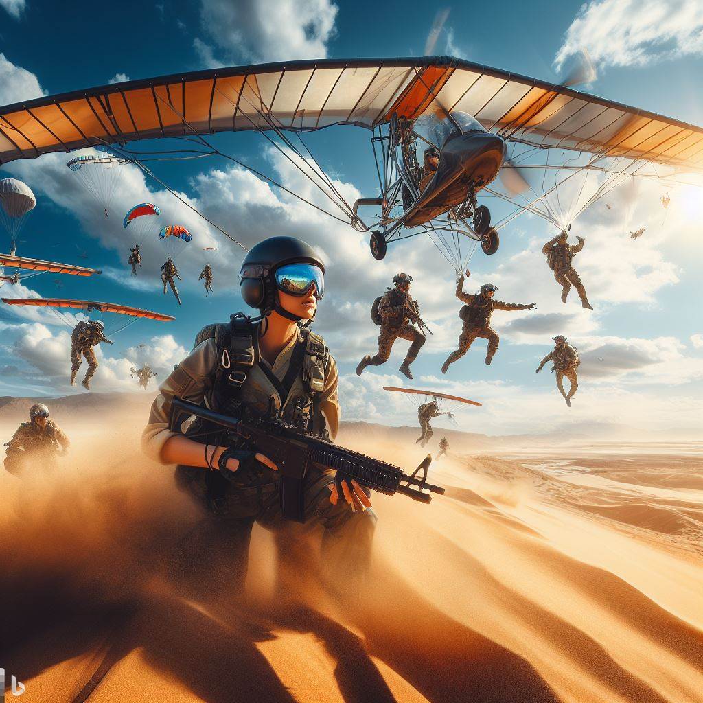 Soldiers in ultralights flying over a desert. 