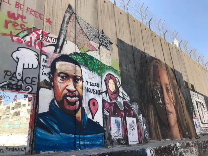A mural of George Floyd painted by Palestinians on Israel's West Bank separation barrier. 