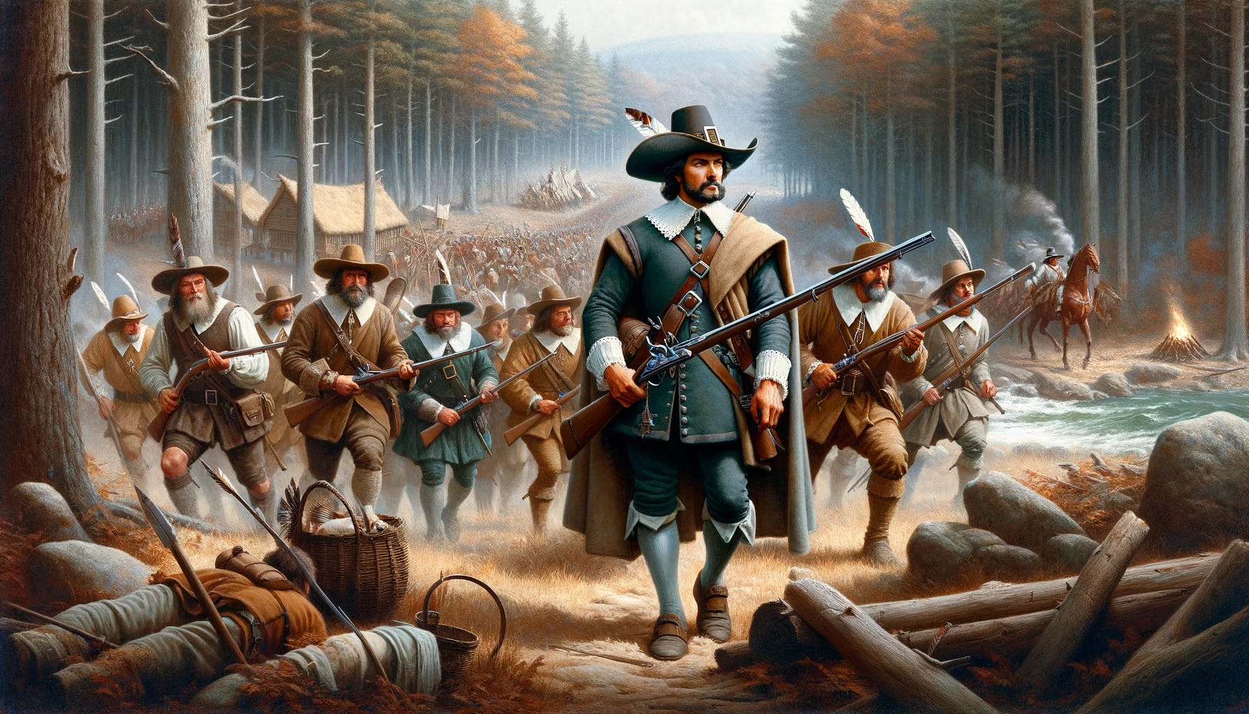 ​​​​​​​Myles Standish and his Pilgrim militia (DALL-E).