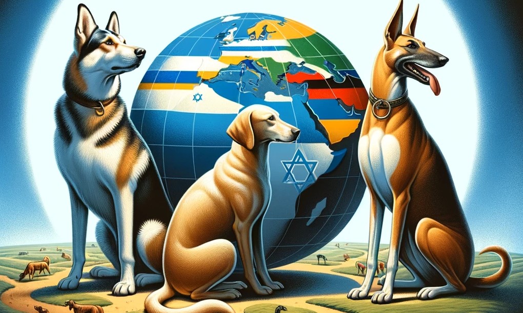 Three dogs representing Ukraine, Israel, and Gaza posed in front of a globe. 