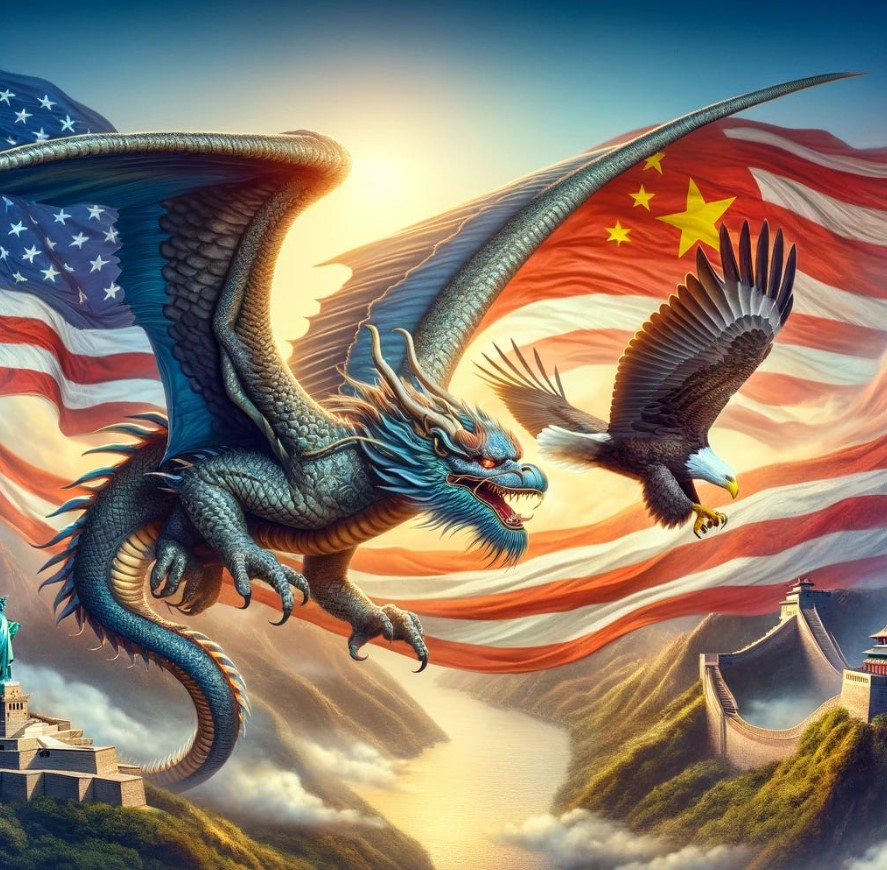 A Chinese Dragon dwarfing an American Bald Eagle.