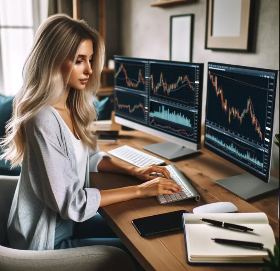 A woman analyzing her stocks ahead of earnings. 