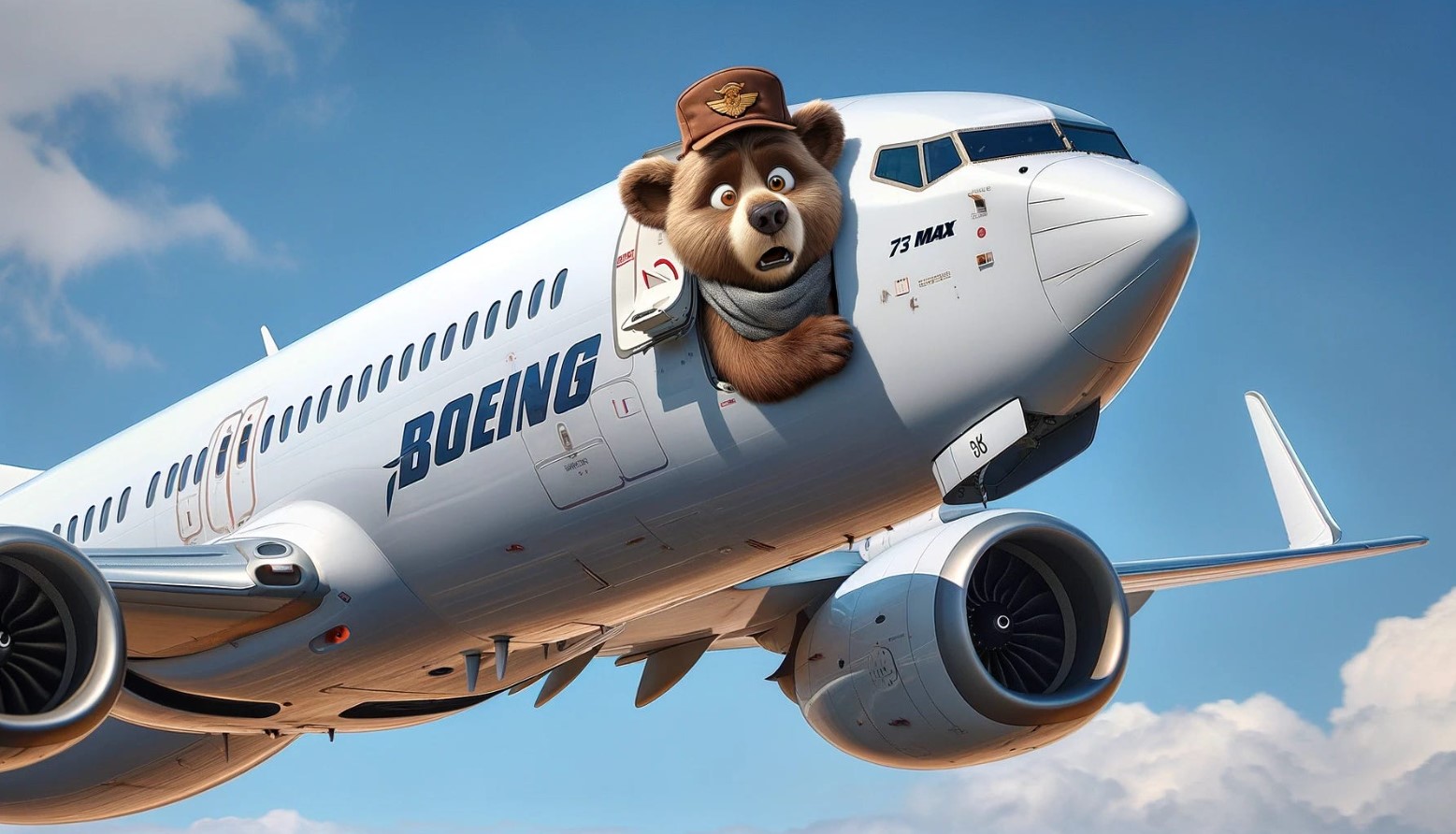 A bear surprised to find an open door on a Boeing 737 Max in mid air. 
