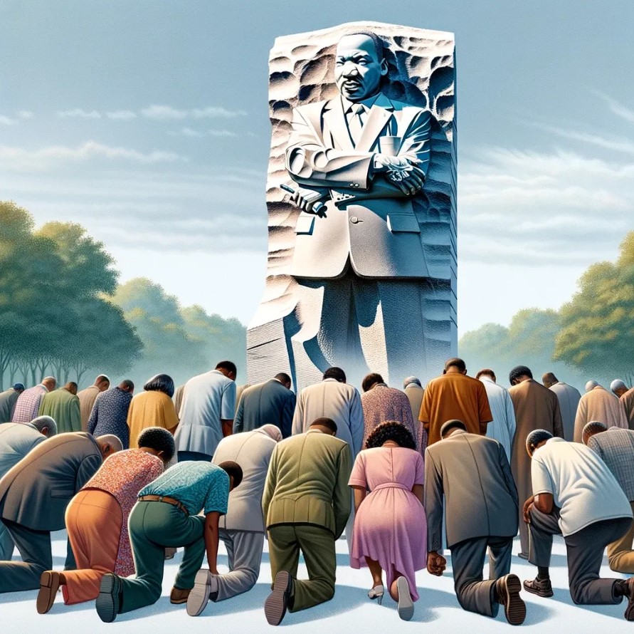 Citizens worshipping MLK's statue.