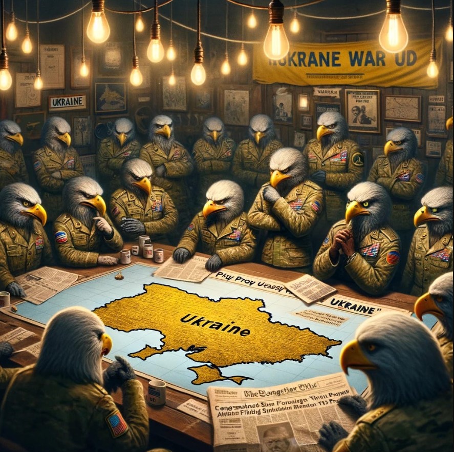 Anthropomorphic war hawks looking at a map of Ukraine.