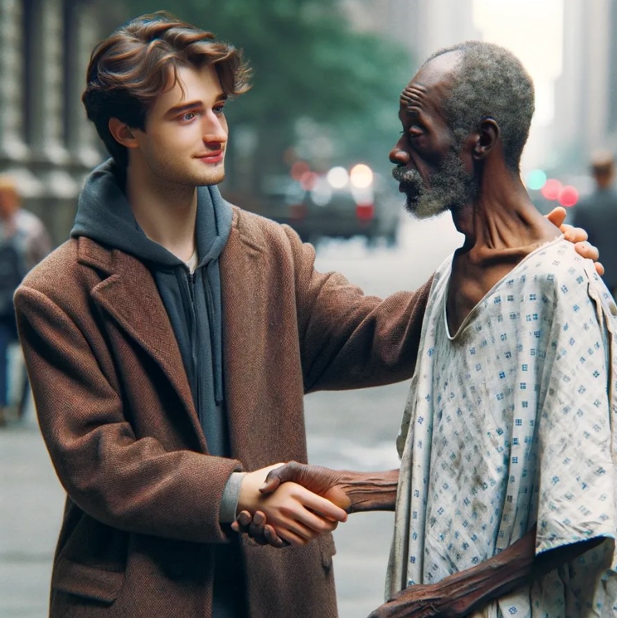 A young man and a vagrant in a hospital gown. 