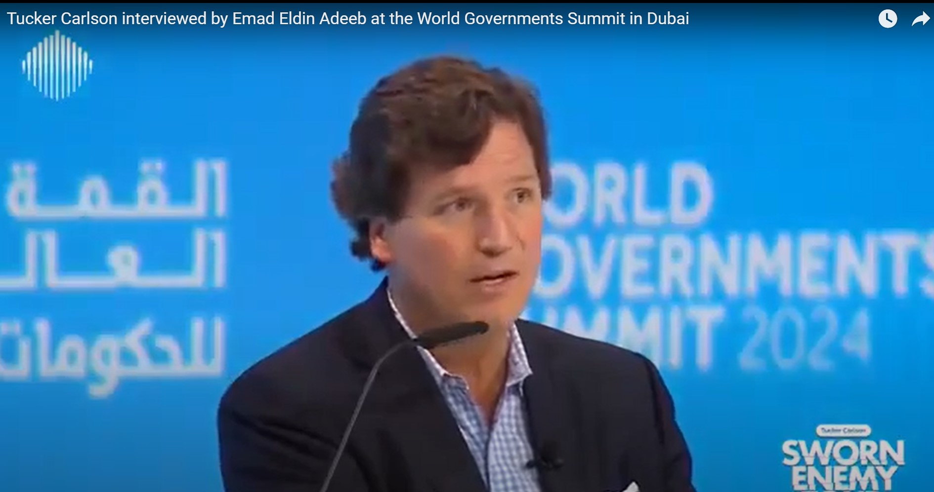 Tucker Carlson being interviewed by Emad Eldin Adeeb at the World Governments Summit in Dubai.