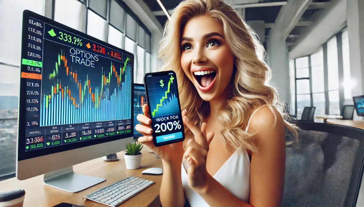 An options trader excited that her trade is on track for a 200% gain. 