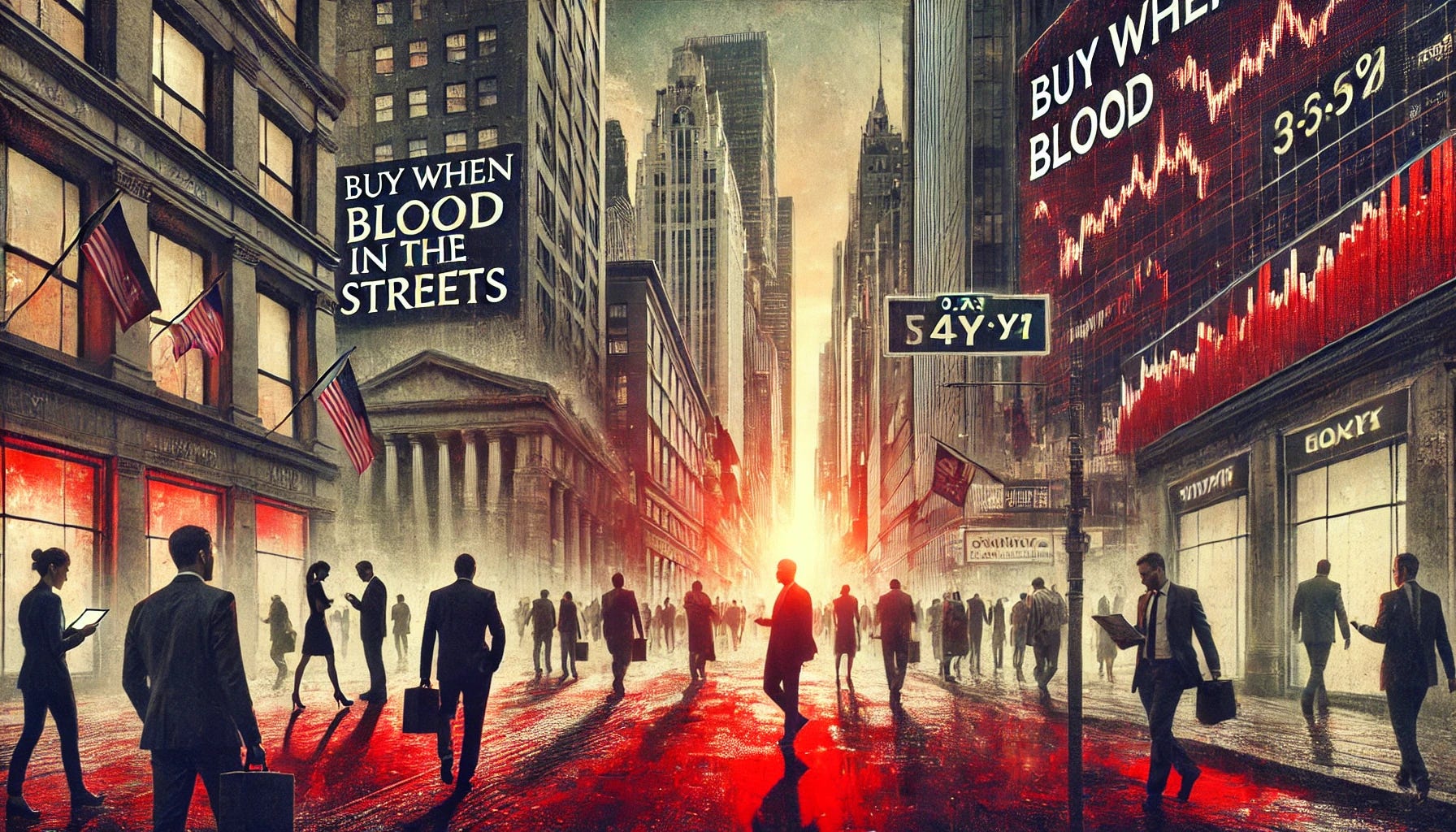 AI imagery illustrating the idea of buying when there's blood in the streets. 