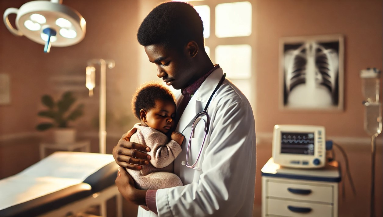 A black obstetrician holds a black baby. 