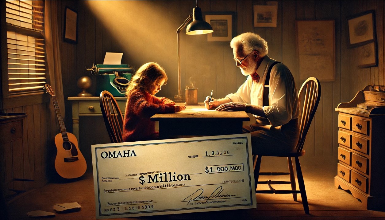 An old man writes a million dollar check to a young girl. 