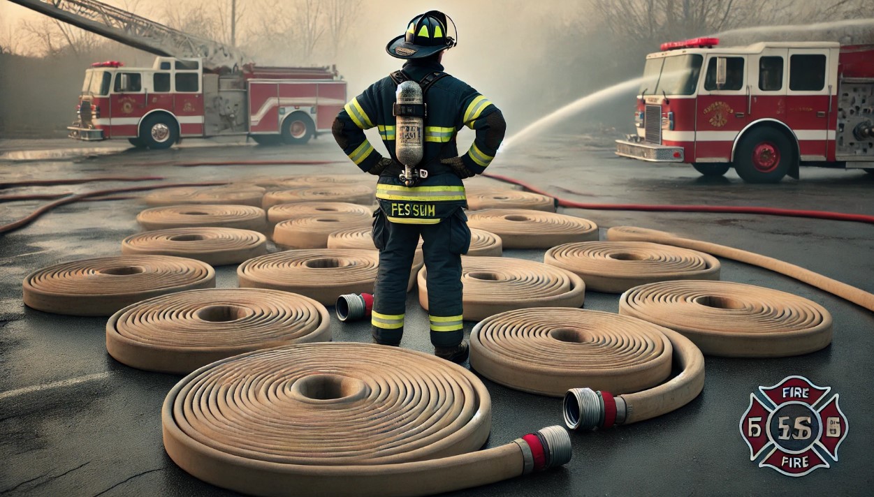 A firefighter standing amid rolled sections of hoses. 