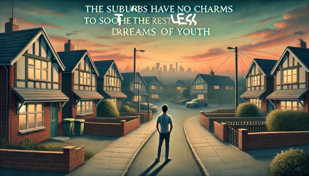 An AI image illustrating the lyric, "Suburbs have no charms to soothe the restless dreams of youth. 