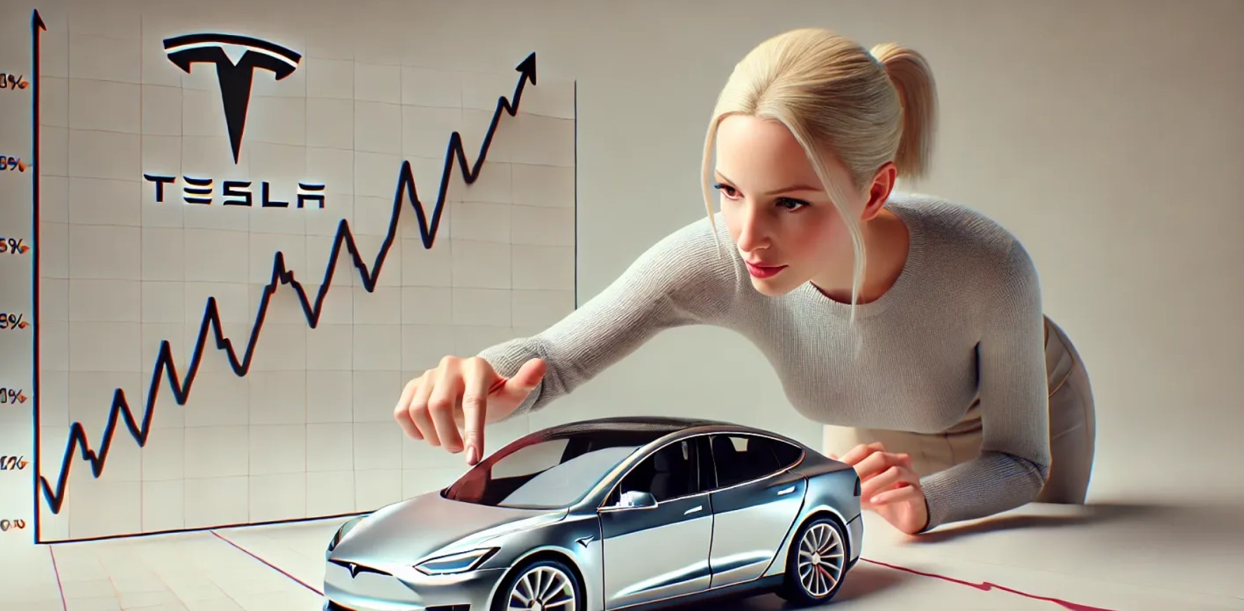 A woman touches a miniature model of a Tesla sedan in front of a stock chart. 