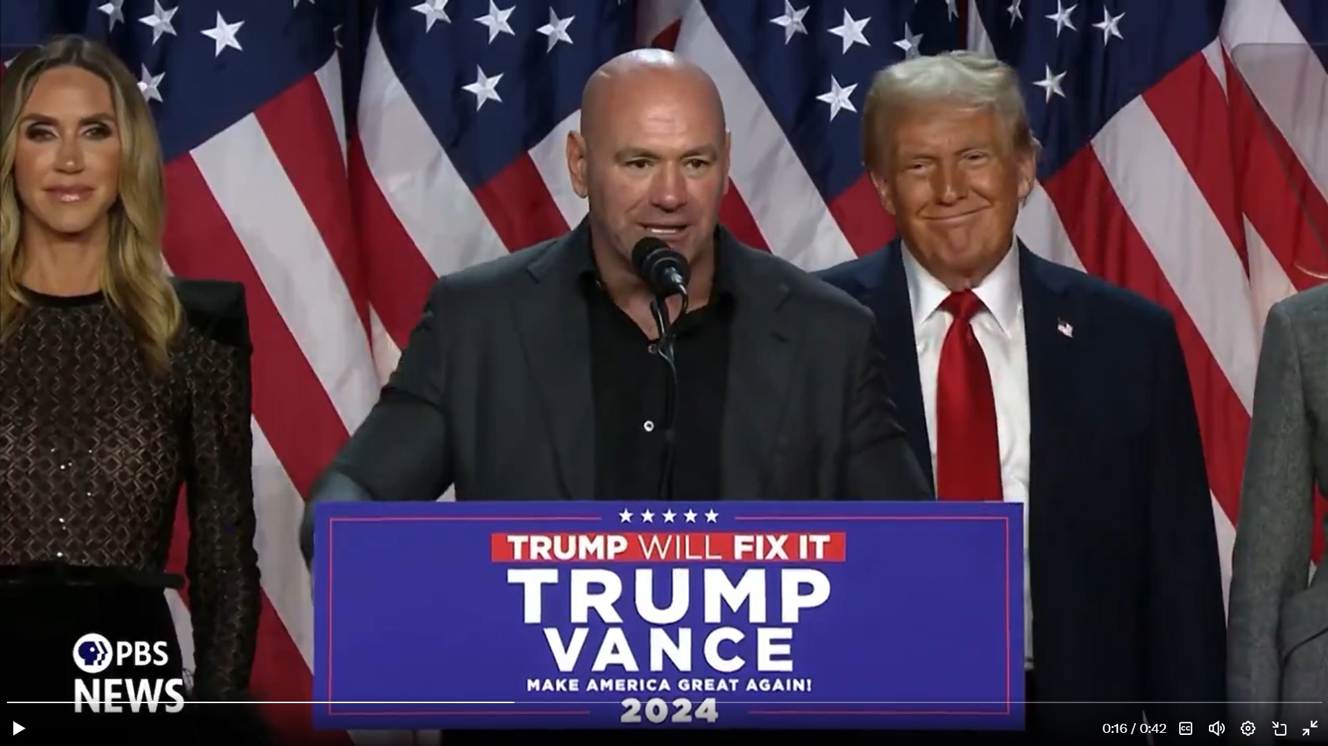 ​​​​​​​UFC President Dana White speaking at Trump's victory party, flanked by Lara Trump and President-Elect Trump. 