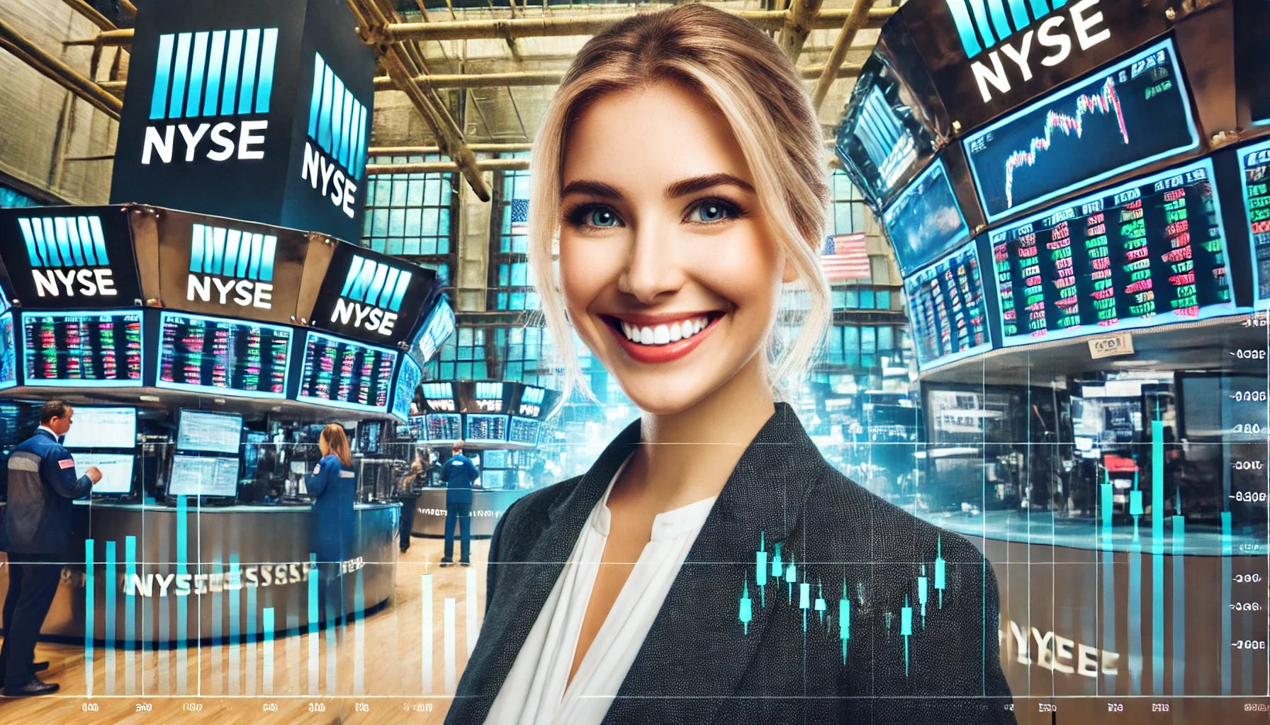 Woman smiling at the NYSE. 