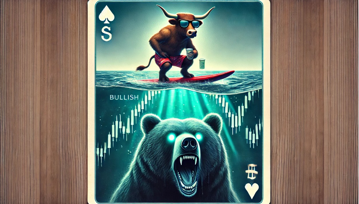 An oblivious bull surfing with a bear lurking below. 