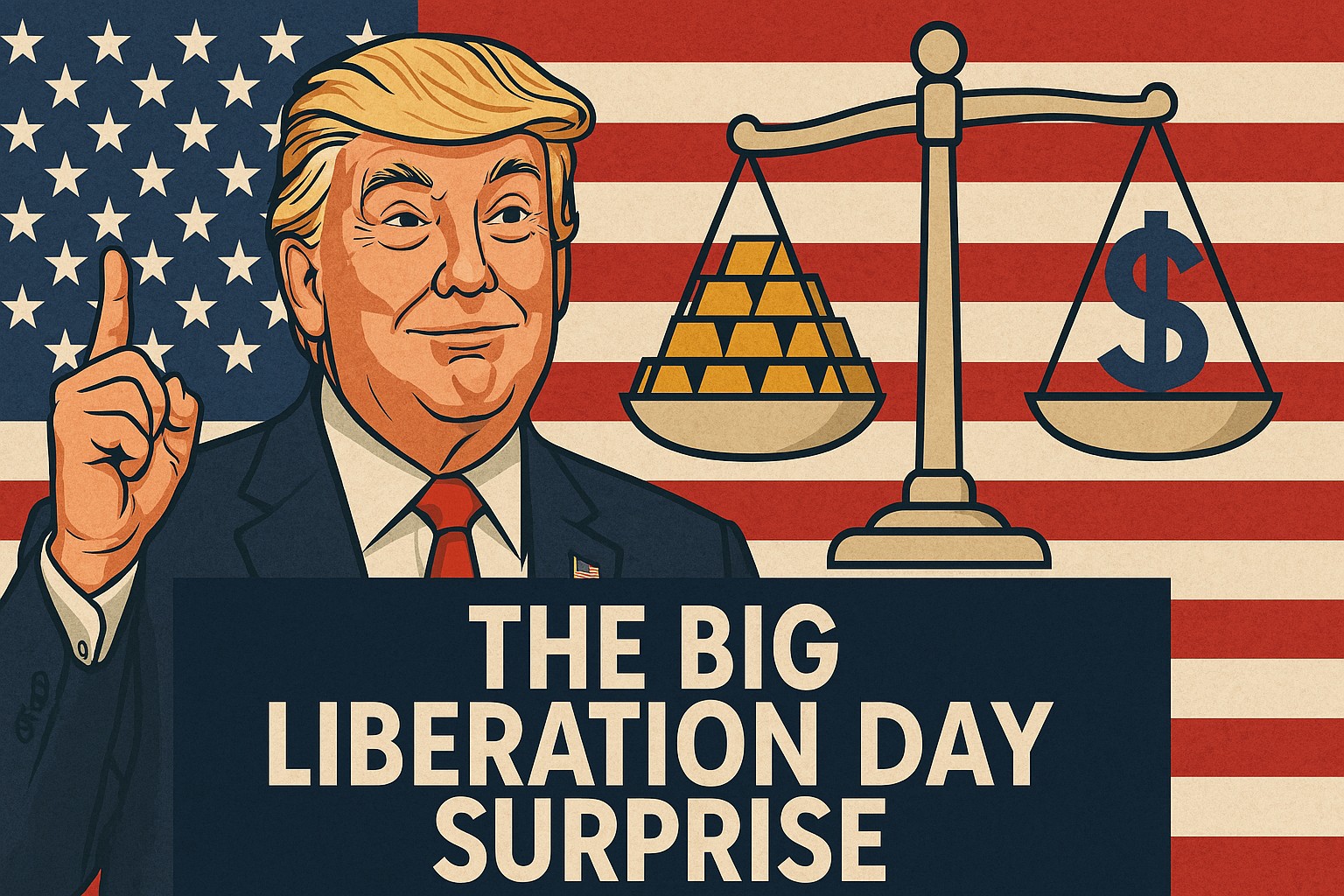 A drawing of Trump in front of an American flag with a scale suggesting balanced trade. 