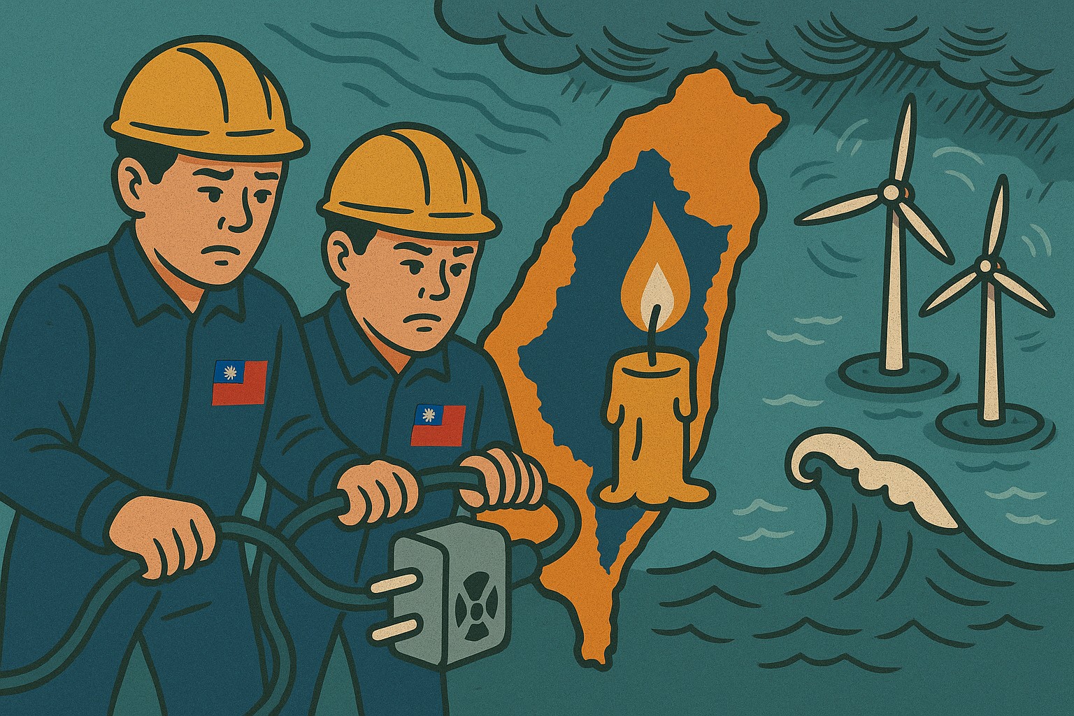 Taiwanese utility workers unplugging their island from nuclear energy. 