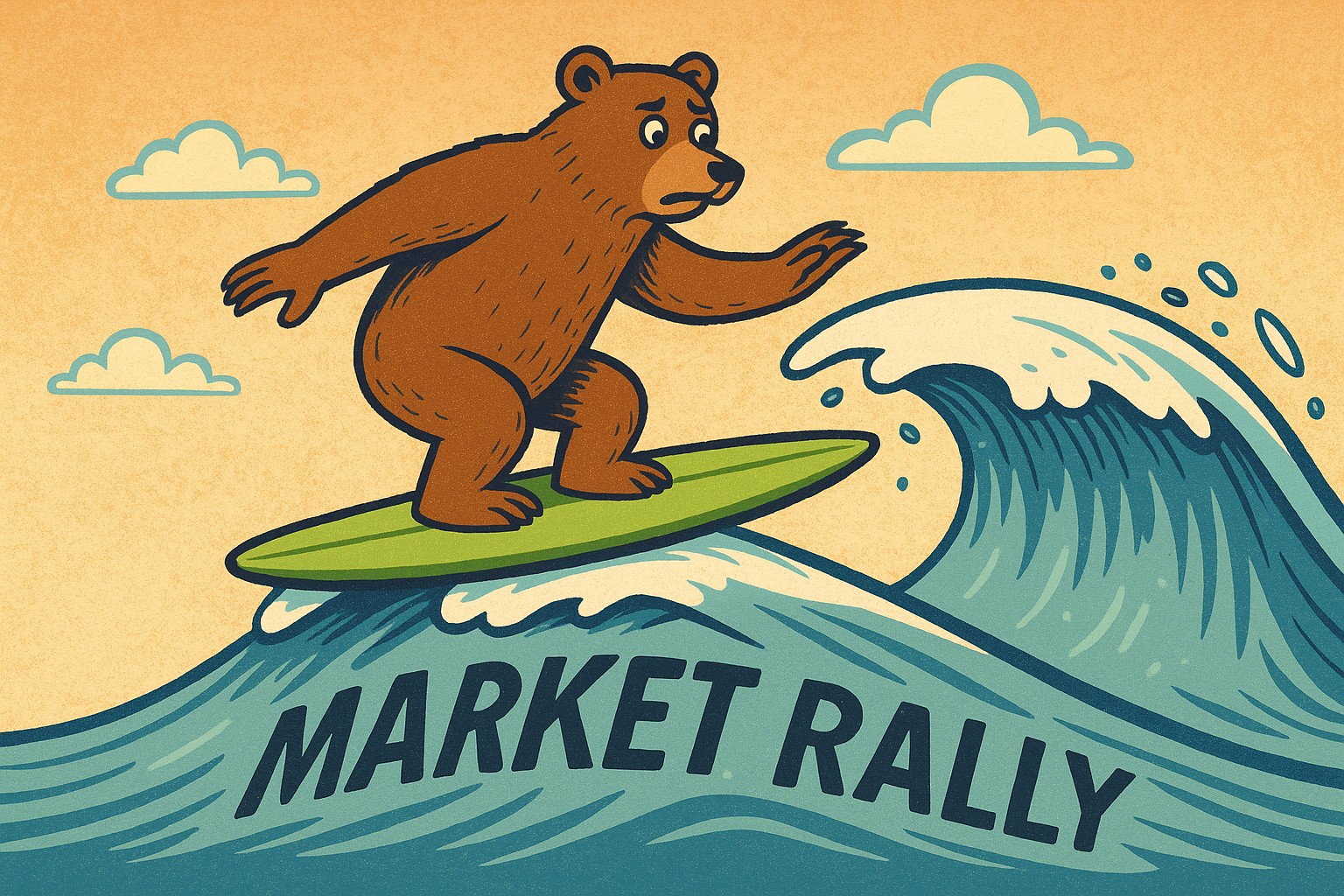 An anthropomorphic bear surfing a market rally. 