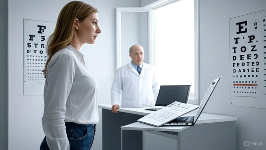 a woman taking an eye test. 