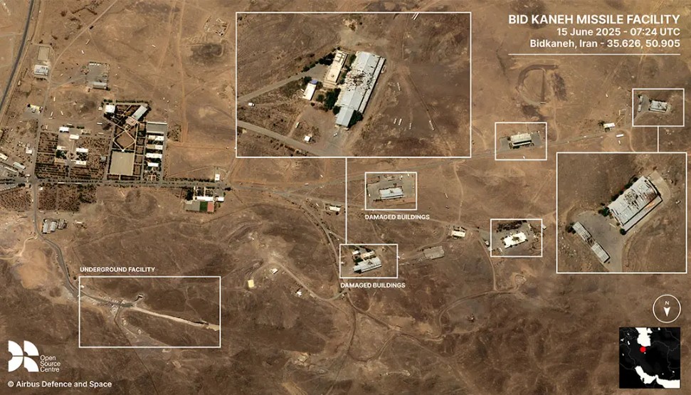Satellite image of damage to Bid Kaneh Missile Facility, in Iran on 15 June, 2025, (image via the Open Source Center and Airbus Defense and Space).