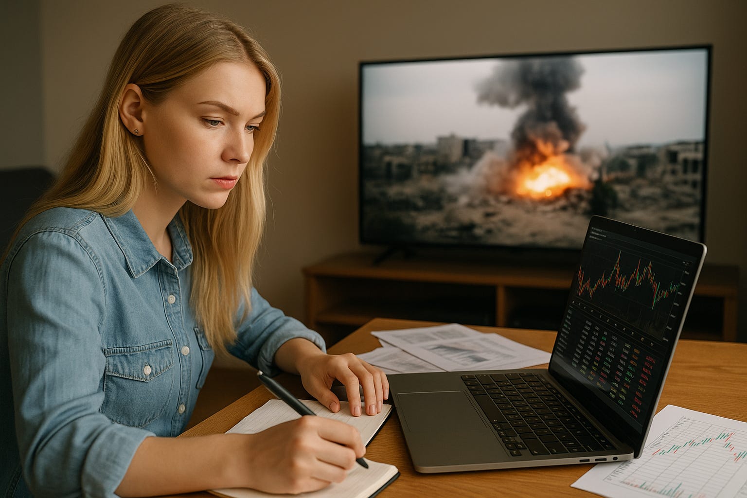 A woman researching her stocks with war on TV in the background.