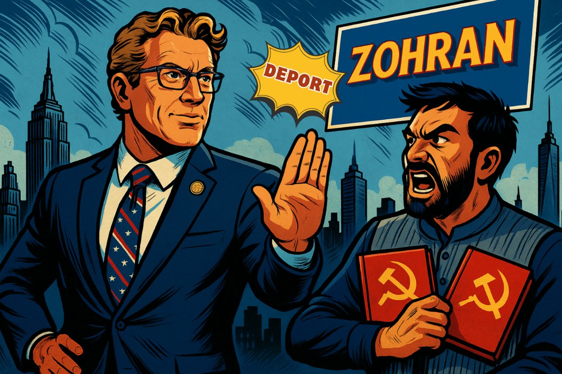 Cartoon depicting Zohran being deported. 