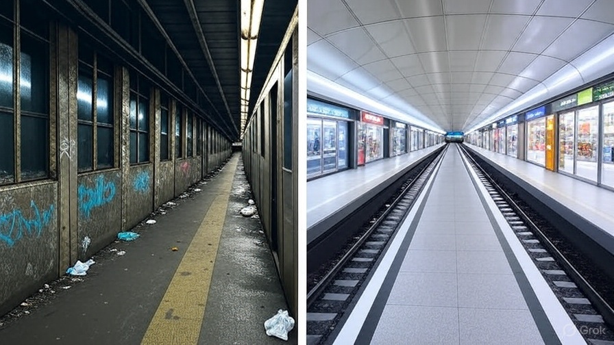A decrepit subway alongside a nice, modern one. 