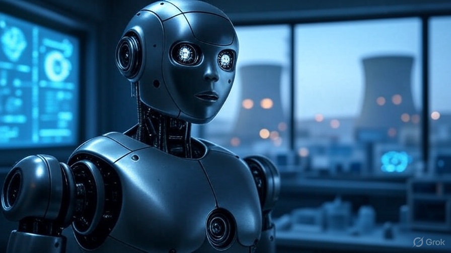 A robot with nuclear powerplants in the distance. 