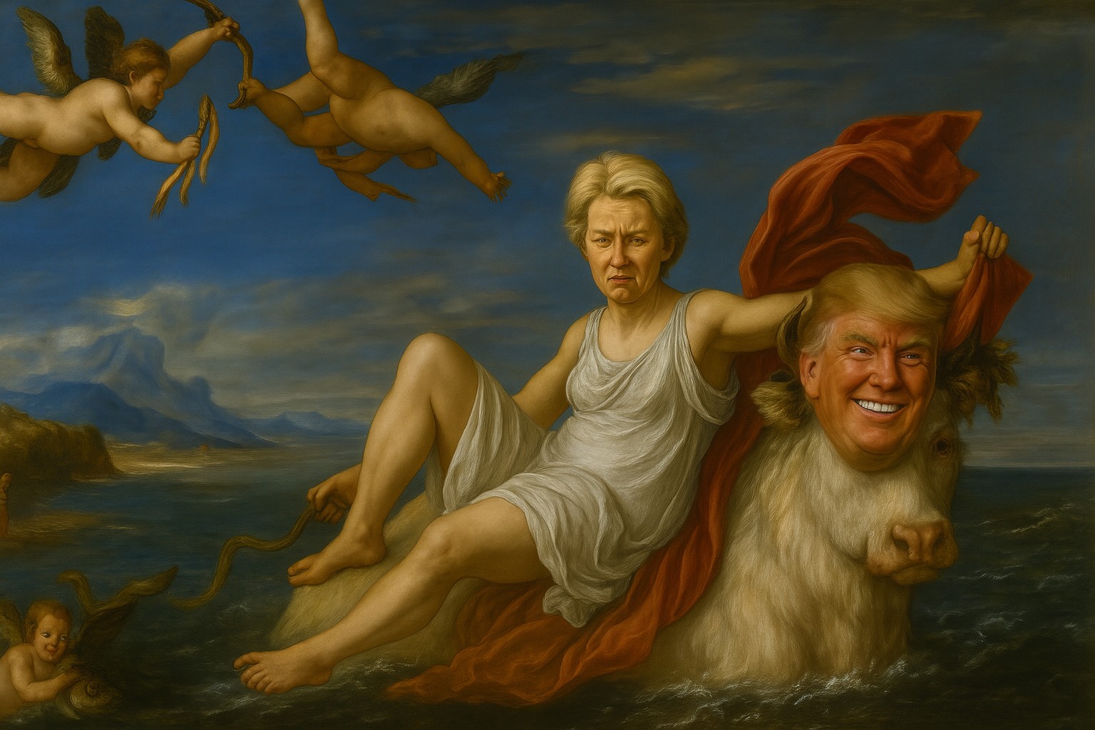 A riff on Titian's "The Rape of Europa", with Ursula von der Leyen as Europa and Trump as Zeus disguised as a bull.