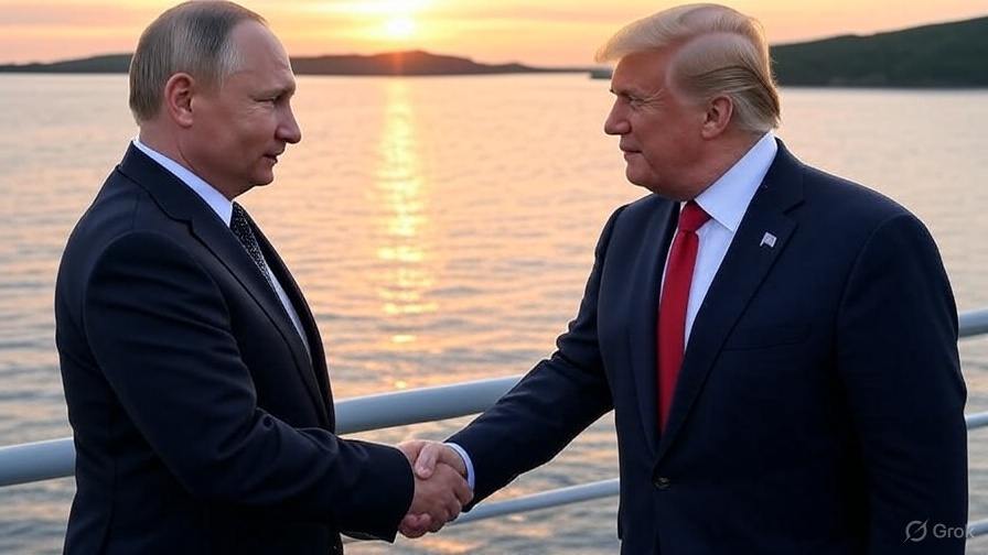 Putin and Trump shaking hands at the Bering Strait. 