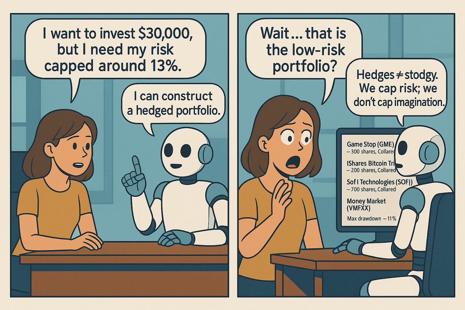 A woman asks the Portfolio Armor robot for a safe portfolio and is shocked by the results. 