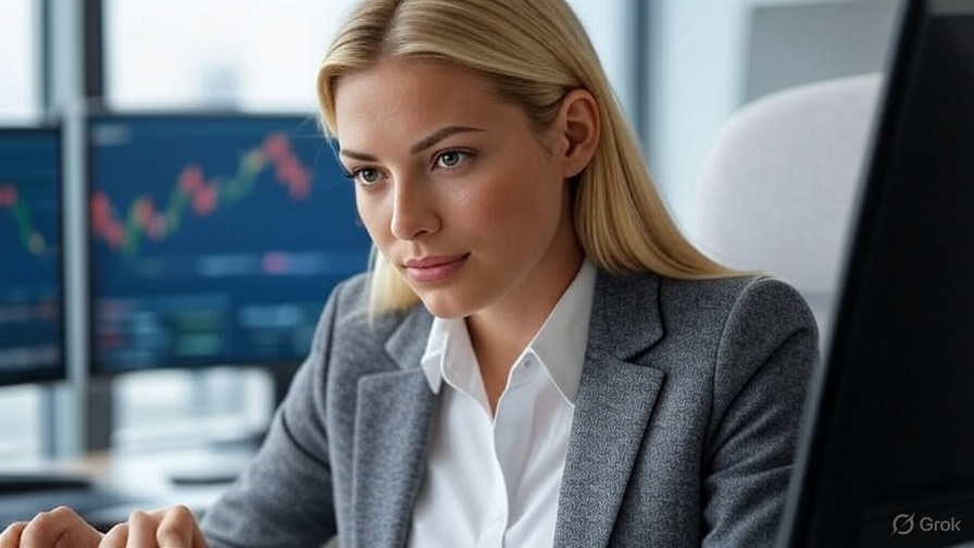 A woman researching her stocks. 