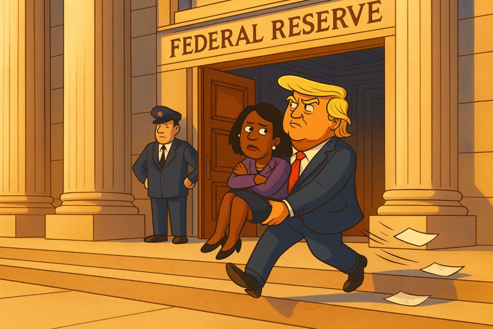 Trump carrying Cook out of the Federal Reserve. 