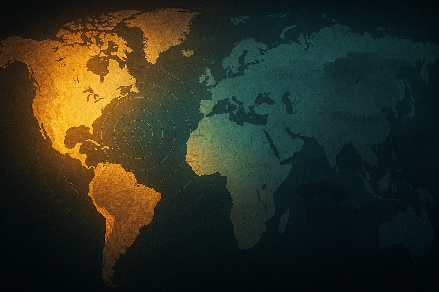 A world map with the Western Hemisphere lit up. 