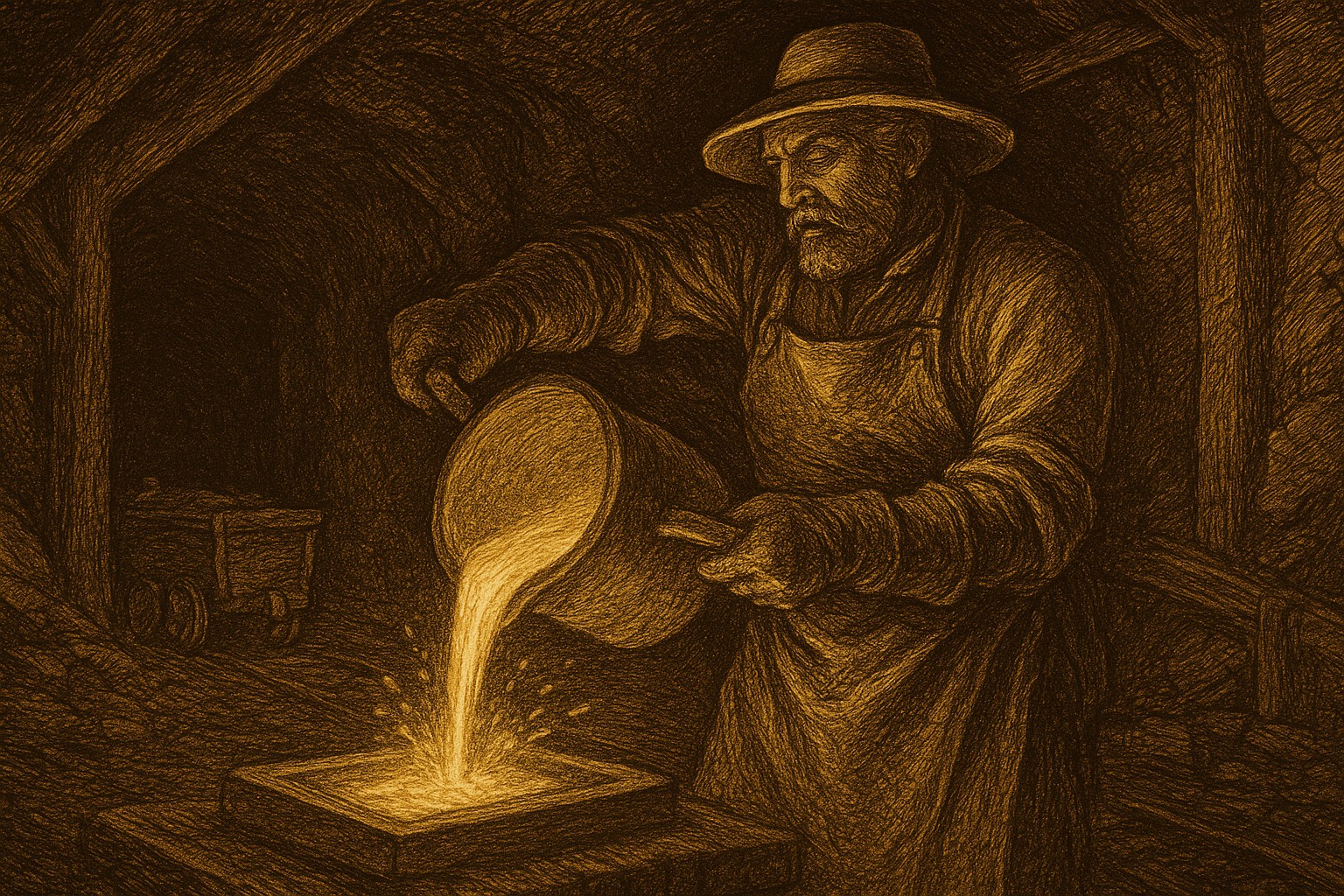 A Gustave Doré-style image of a gold miner pouring gold doré.