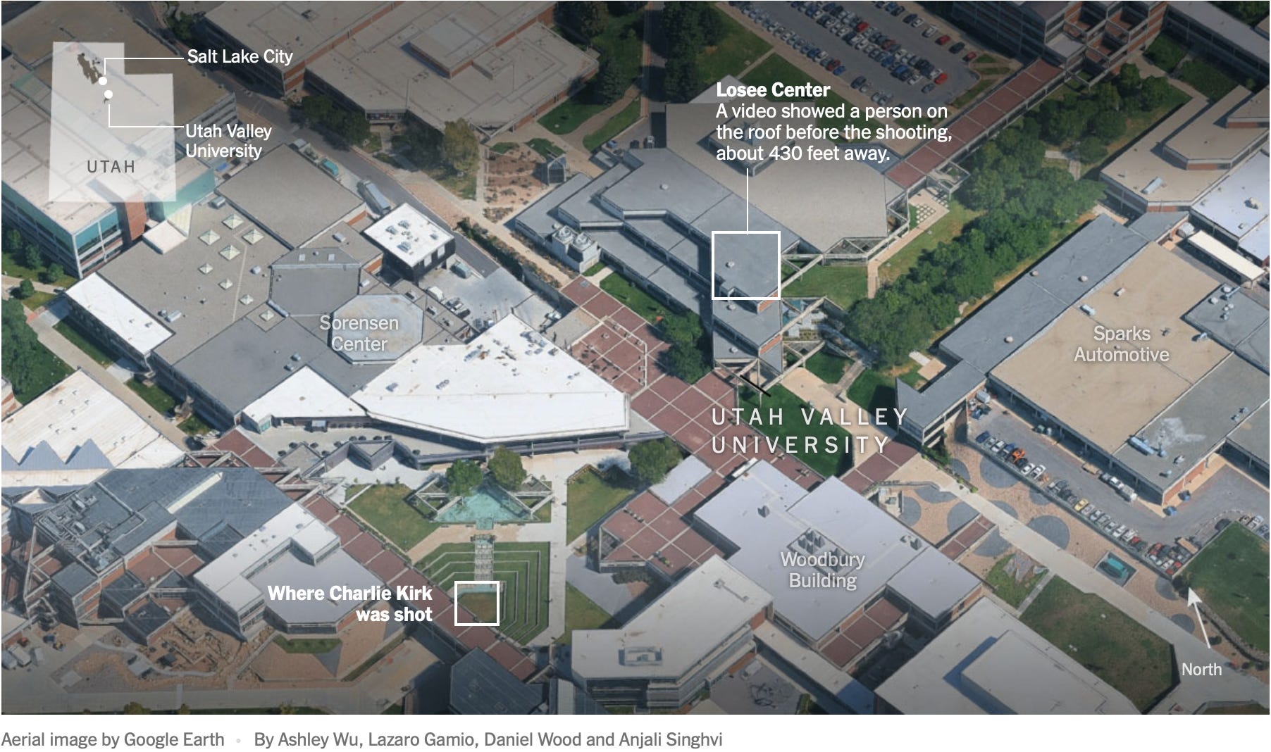 Annotated Google Earth image of the rooftop from which Charlie Kirk was shot. 