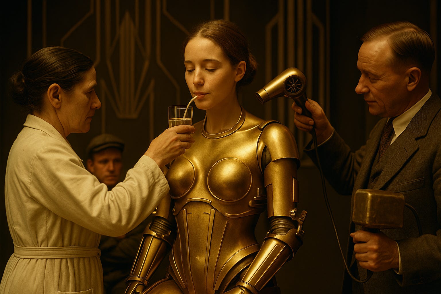 An AI riff on the photo of Brigitte Helm in between takes as the Robot Maria in Fritz Lang’s Weimar-era science fiction classic, Metropolis (1927).