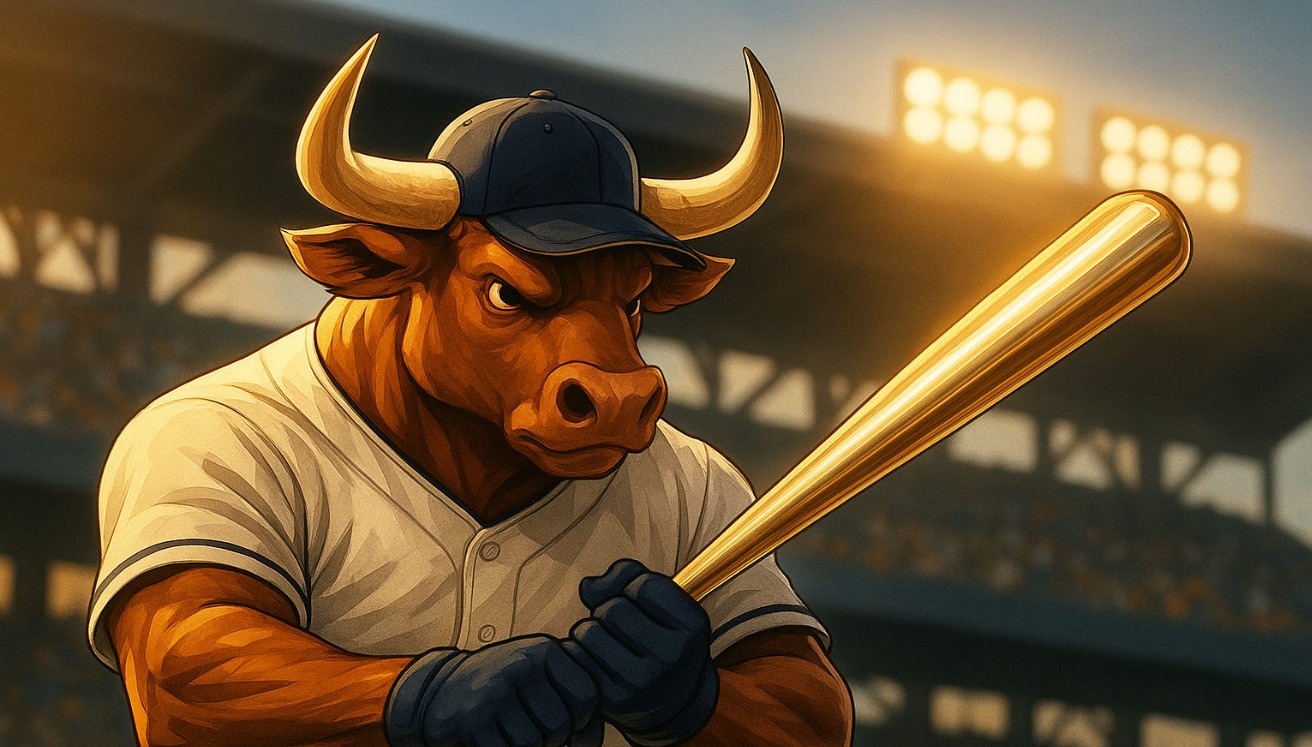 An anthropomorphic bull at home plate with a platinum bat. 