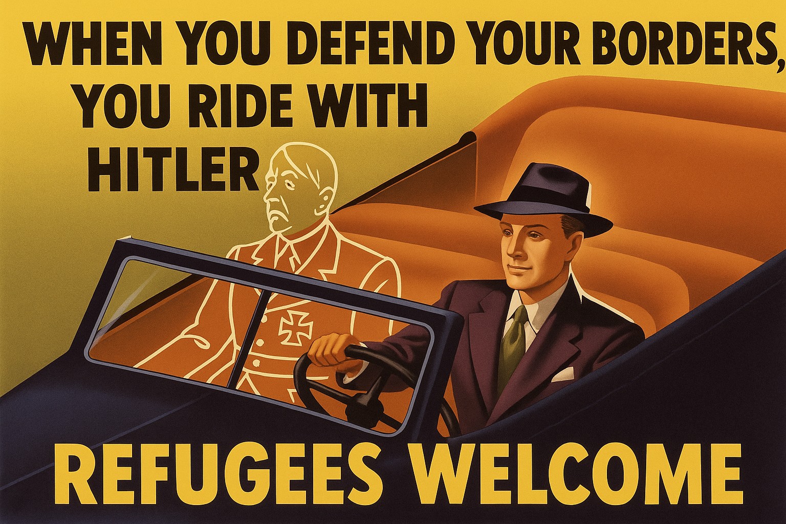 Riff on American WWII propaganda about "Riding with Hitler". 