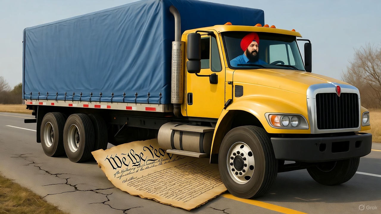A Sikh truck driver driving over the Constitution. 