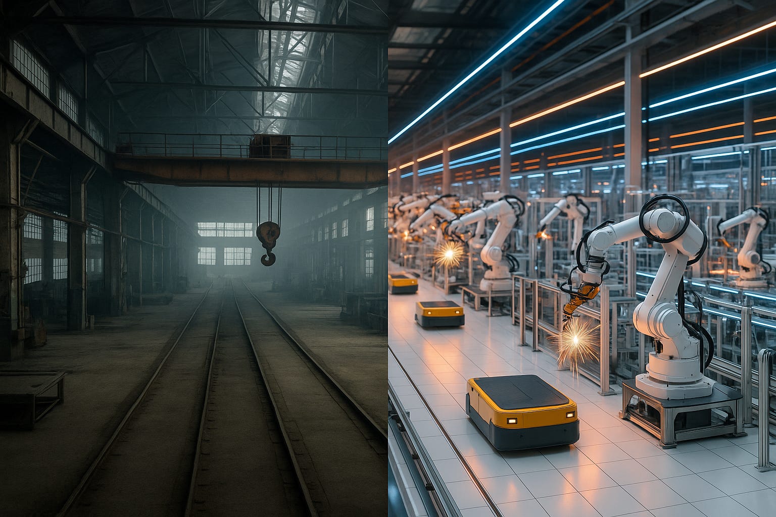 An ideal American factory split-screened with a bustling, automated, Chinese one. 