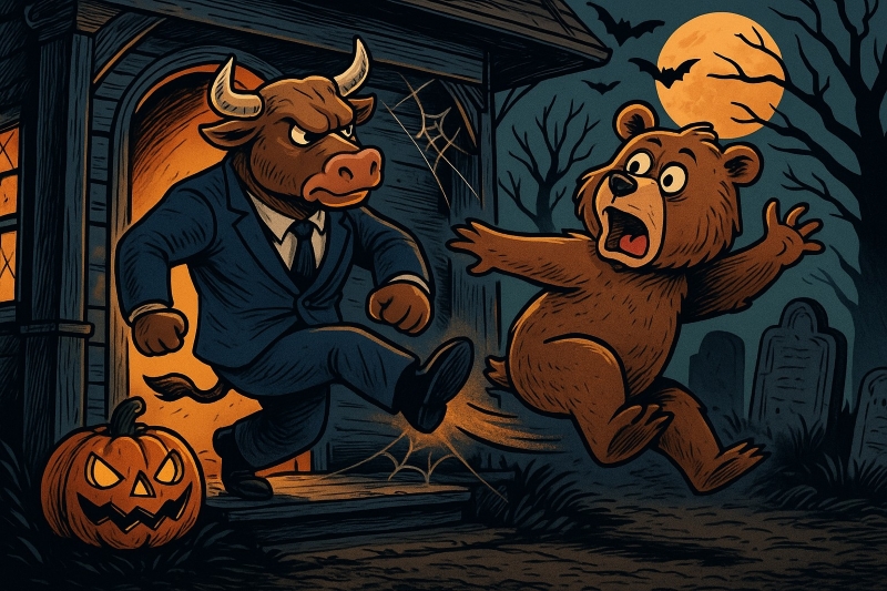 An anthropomorphic bull kicks an anthropomorphic bear out of a haunted house