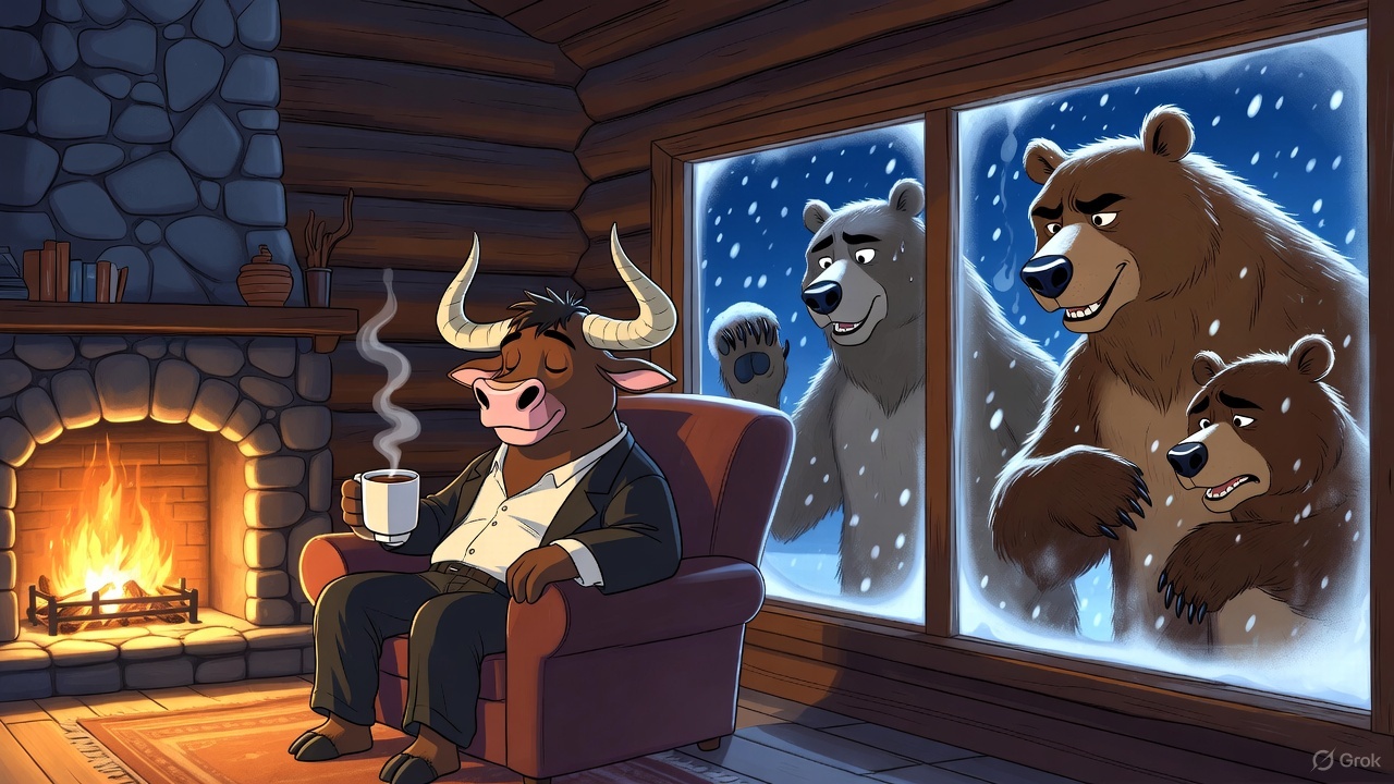 An anthropomorphic bull relaxing with cup of hot chocolate with bears at his window.