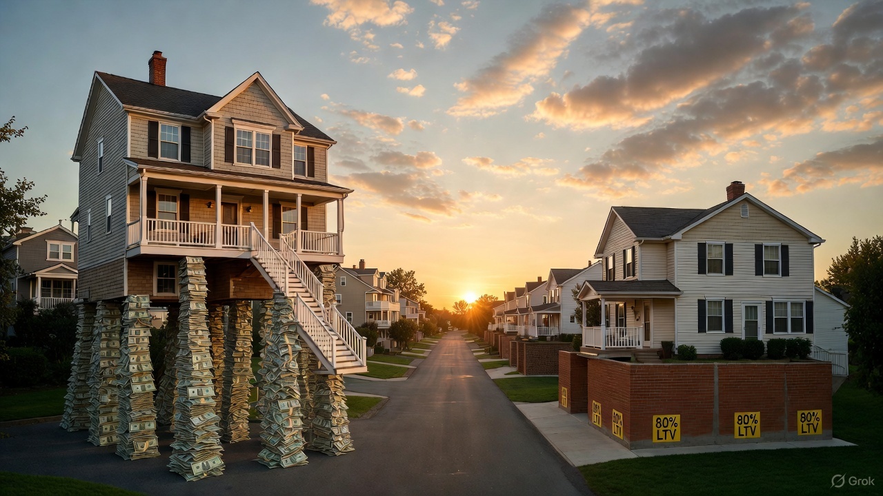 A leveraged house sitting on stilts of cash, versus an 80% LTV house on a brick foundation. 