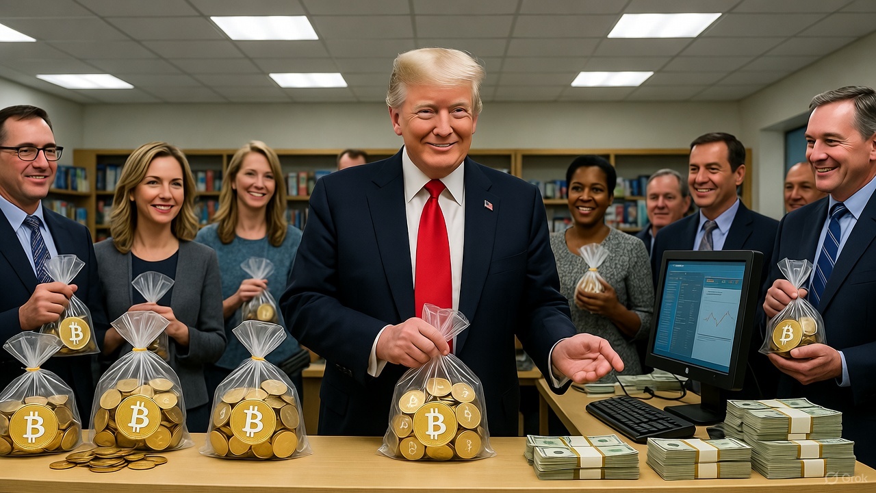 Trump handing out bags of crypto.