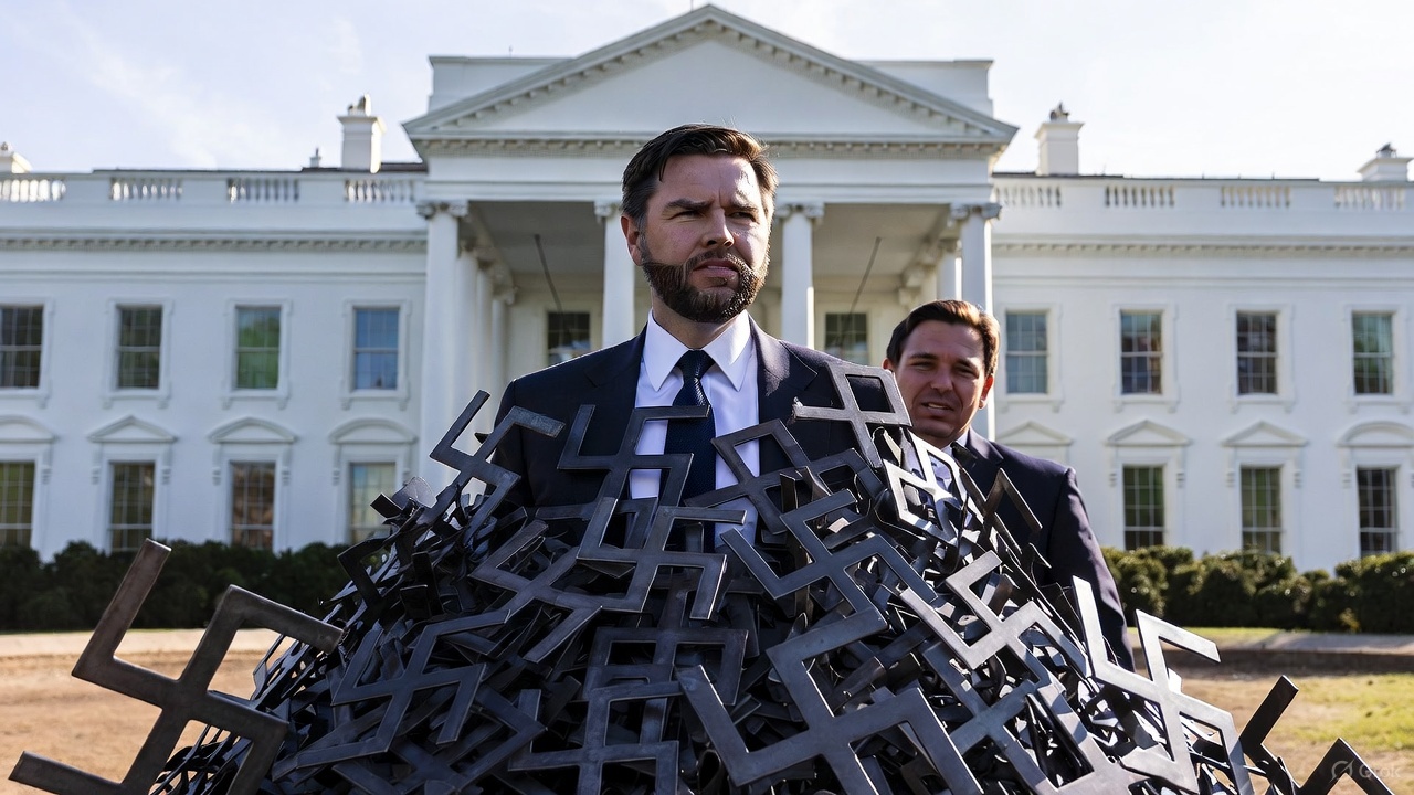 Vance buried in swastikas in front of the White House as DeSantis smugly looks on.